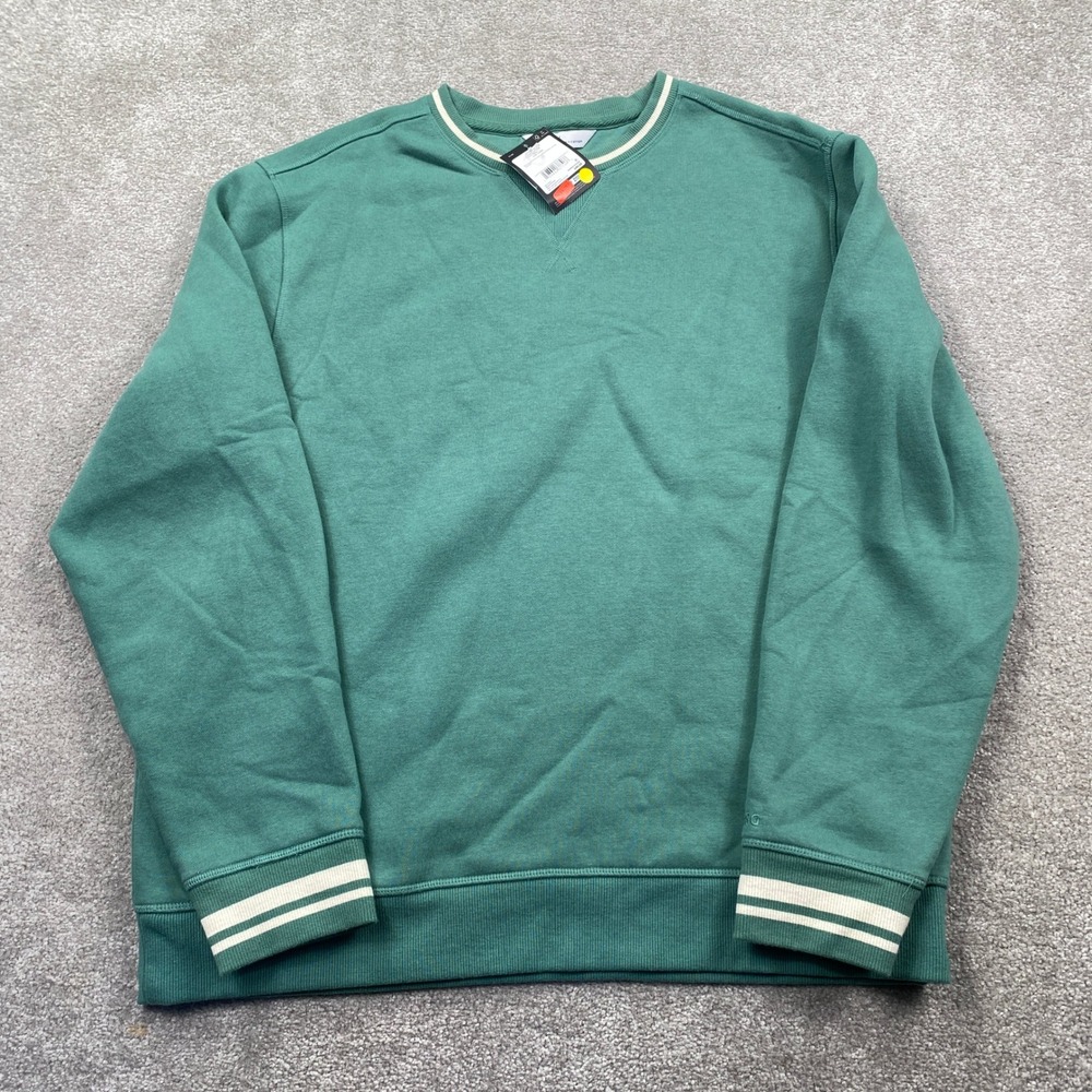 DSG Fleece Crewneck Sweatshirt Mens Large Green Striped Trim Ribbed Pullover